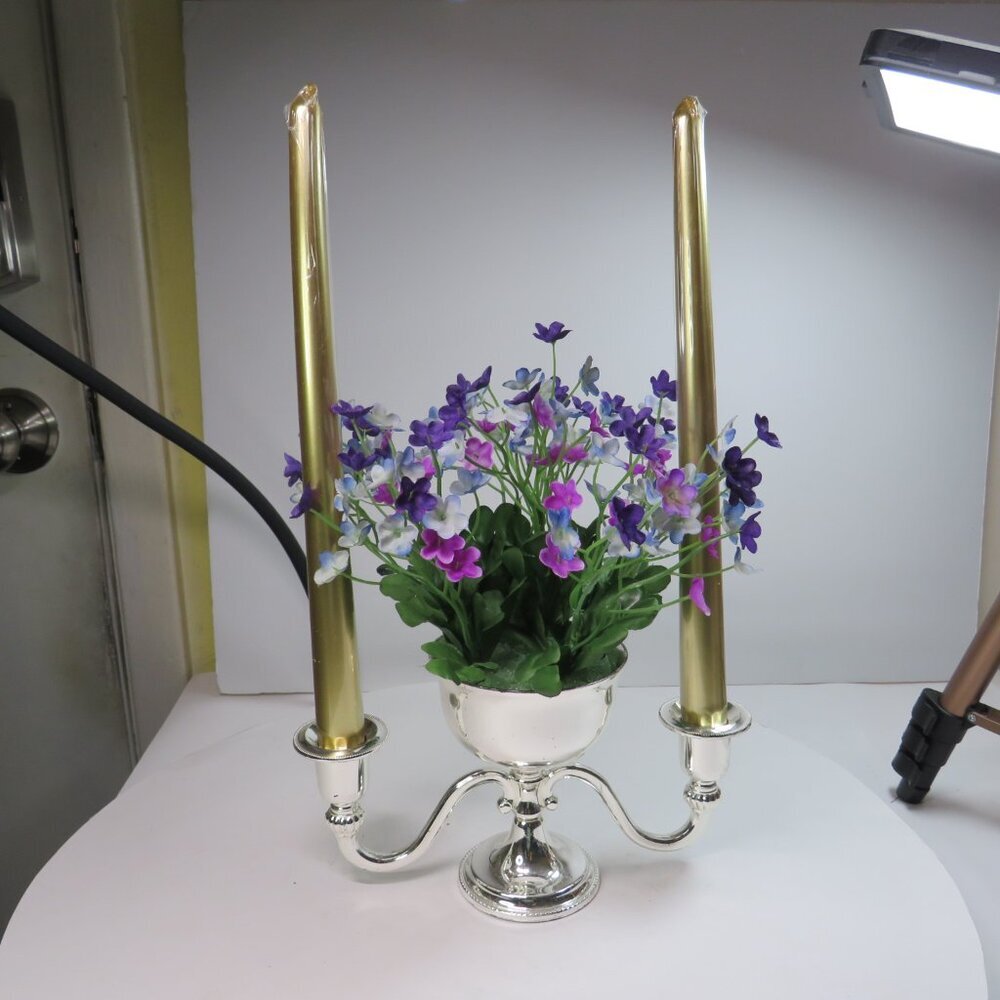 Votive 2-Arm Candelabra w Center Bowl floral arrangement Spring Chrome or Nickel